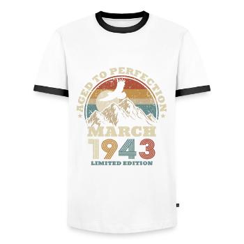 80. Geburtstag - März 1943 - 80 Jahre alt - Männer Kontrast-T-Shirt - Weiß/Schwarz - Vorne - AI Model Female 172 light (172cm) & AI Model Male 178 dark (178cm)