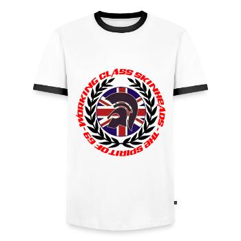 WORKING CLASS SKINHEADS 69 - Men's Ringer Shirt - white/black - Front - AI Model Female 172 light (172cm) & AI Model Male 178 dark (178cm)