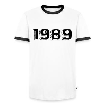 Vintage 1989 Born Birthday Retro 1989 - Men's Ringer Shirt - white/black - Front - AI Model Female 172 light (172cm) & AI Model Male 178 dark (178cm)