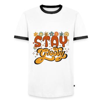 Séjour rétro groovy, Mignon halloween , Thanksgiving - T-shirt contrasté Homme - blanc/noir - Devant - AI Model Female 172 light (172cm) & AI Model Male 178 dark (178cm)