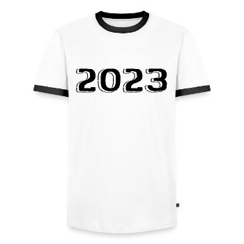 Millésime 2023 Naissance Anniversaire Rétro 2023 - T-shirt contrasté Homme - blanc/noir - Devant - AI Model Female 172 light (172cm) & AI Model Male 178 dark (178cm)