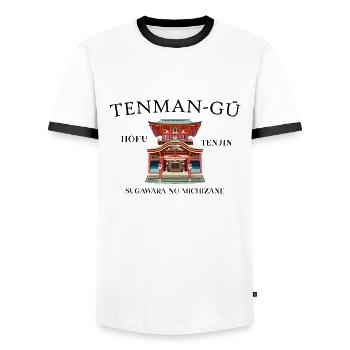 Hofu, Tenman-gu Shrine, Japan, Hand Drawing - Men's Ringer Shirt - white/black - Front - AI Model Female 172 light (172cm) & AI Model Male 178 dark (178cm)