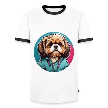 Shih Tzu Portrait im Farbkreis - Männer Kontrast-T-Shirt - Weiß/Schwarz - Vorne - AI Model Female 172 light (172cm) & AI Model Male 178 dark (178cm)