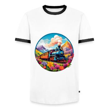 Nostalgic smoking steam locomotive with wagons - Men's Ringer Shirt - white/black - Front - AI Model Female 172 light (172cm) & AI Model Male 178 dark (178cm)