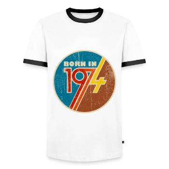 Born In 1974 50 years old - Men's Ringer Shirt - white/black - Front - AI Model Female 172 light (172cm) & AI Model Male 178 dark (178cm)