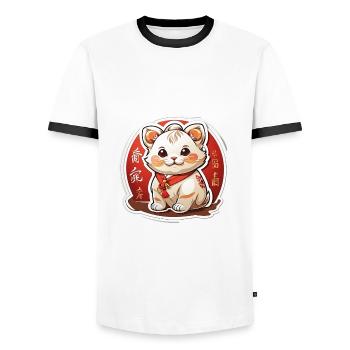 Chat chanceux chinois - T-shirt contrasté Homme - blanc/noir - Devant - AI Model Female 172 light (172cm) & AI Model Male 178 dark (178cm)