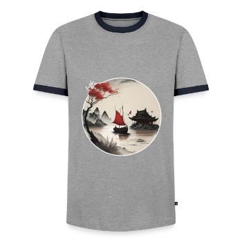 Asian landscape - Men's Ringer Shirt - grey/navy  - Front - AI Model Female 172 light (172cm) & AI Model Male 178 light (178cm)