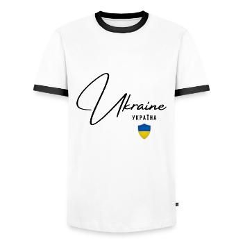 Drapeau ukrainien, fierté ukrainienne - T-shirt contrasté Homme - blanc/noir - Devant - AI Model Female 172 light (172cm) & AI Model Male 178 dark (178cm)