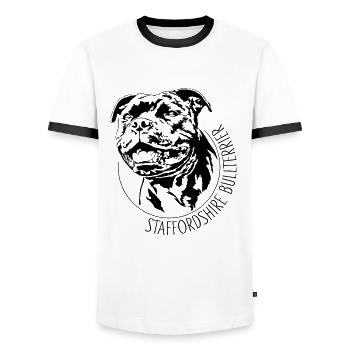 STAFFORDSHIRE BULLTERRIER Portrait de chien Wilsigns - T-shirt contrasté Homme - blanc/noir - Devant - AI Model Female 172 light (172cm) & AI Model Male 178 dark (178cm)