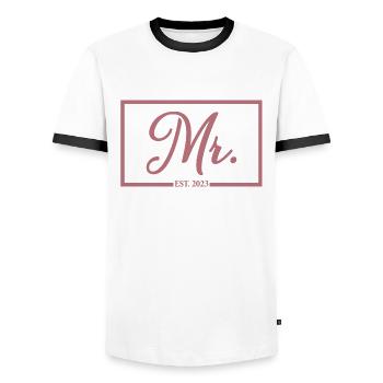 2023 Fiançailles pour la fête de mariage du marié - T-shirt contrasté Homme - blanc/noir - Devant - AI Model Female 172 light (172cm) & AI Model Male 178 dark (178cm)