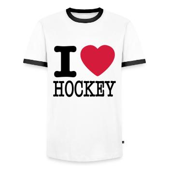 i love hockey / I heart hockey - T-shirt contrasté Homme - blanc/noir - Devant - AI Model Female 172 light (172cm) & AI Model Male 178 dark (178cm)