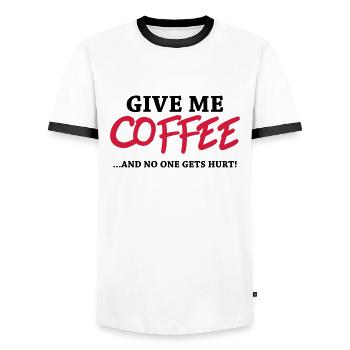 Give me Coffee! …and no one gets hurt! - Men's Ringer Shirt - white/black - Front - AI Model Female 172 light (172cm) & AI Model Male 178 dark (178cm)