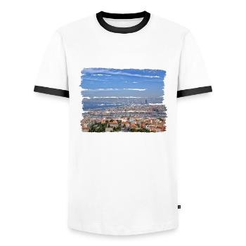 View over the port city of Marseille - Men's Ringer Shirt - white/black - Front - AI Model Female 172 light (172cm) & AI Model Male 178 dark (178cm)