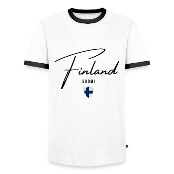 Flag of Finland, Finnish pride - Men's Ringer Shirt - white/black - Front - AI Model Female 172 light (172cm) & AI Model Male 178 dark (178cm)