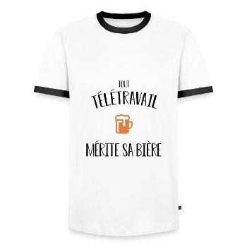 Tout télétravail mérite sa bière - T-shirt contrasté Homme - blanc/noir - Devant - AI Model Female 172 light (172cm) & AI Model Male 178 dark (178cm)