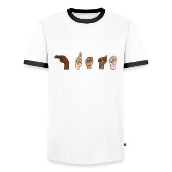 HUMAN - RESPECT - Show of hands - Men's Ringer Shirt - white/black - Front - AI Model Female 172 light (172cm) & AI Model Male 178 dark (178cm)