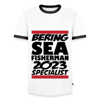 Bering Sea Fisherman 2023 Specialist Gift Idea - Men's Ringer Shirt - white/black - Front - AI Model Female 172 light (172cm) & AI Model Male 178 dark (178cm)