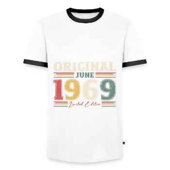 Original Juin 1969 Millésime 1969 Anniversaire 1969 - T-shirt contrasté Homme - blanc/noir - Devant - AI Model Female 172 light (172cm) & AI Model Male 178 dark (178cm)