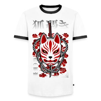 Japan Kitsune - Forest Demon - Men's Ringer Shirt - white/black - Front - AI Model Female 172 light (172cm) & AI Model Male 178 dark (178cm)