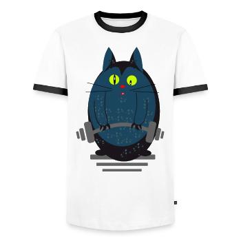Katze als Gewichtheber - Männer Kontrast-T-Shirt - Weiß/Schwarz - Vorne - AI Model Female 172 light (172cm) & AI Model Male 178 dark (178cm)