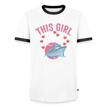 This girl loves cruises - Men's Ringer Shirt - white/black - Front - AI Model Female 172 light (172cm) & AI Model Male 178 dark (178cm)