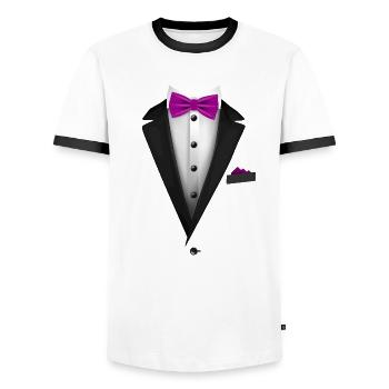 Smoking mit roter Fliege für Hochzeiten und besondere - Männer Kontrast-T-Shirt - Weiß/Schwarz - Vorne - AI Model Female 172 light (172cm) & AI Model Male 178 dark (178cm)