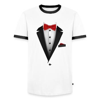 Smoking mit roter Fliege für Hochzeiten und besondere - Männer Kontrast-T-Shirt - Weiß/Schwarz - Vorne - AI Model Female 172 light (172cm) & AI Model Male 178 dark (178cm)