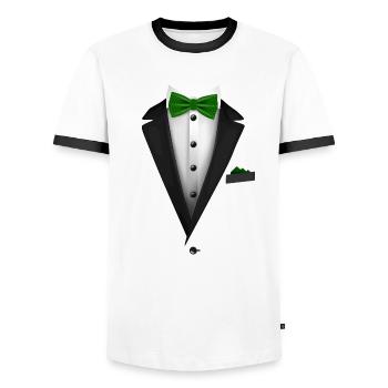Smoking mit grüner Fliege für Hochzeiten und - Männer Kontrast-T-Shirt - Weiß/Schwarz - Vorne - AI Model Female 172 light (172cm) & AI Model Male 178 dark (178cm)