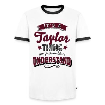 its a taylor name surname thing - Men's Ringer Shirt - white/black - Front - AI Model Female 172 light (172cm) & AI Model Male 178 dark (178cm)
