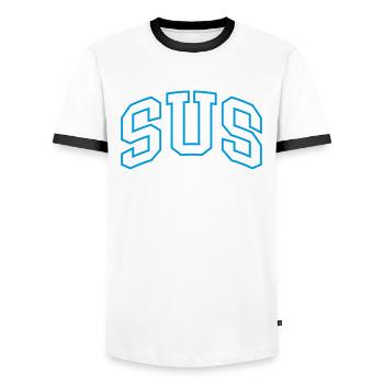 Sus - Men's Ringer Shirt - white/black - Front - AI Model Female 172 light (172cm) & AI Model Male 178 dark (178cm)