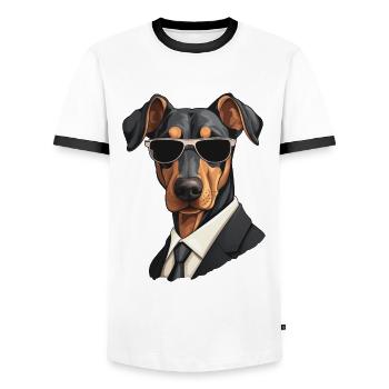 cooler Dobermann Hund mit Sonnenbrille im Anzug - Männer Kontrast-T-Shirt - Weiß/Schwarz - Vorne - AI Model Female 172 light (172cm) & AI Model Male 178 dark (178cm)