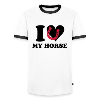 I love my horse - Ich liebe mein Pferd - Männer Kontrast-T-Shirt - Weiß/Schwarz - Vorne - AI Model Female 172 light (172cm) & AI Model Male 178 dark (178cm)
