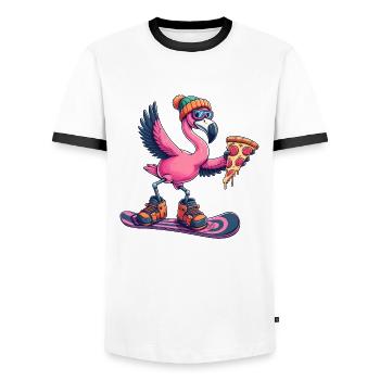 Flamingo Snowboard Pizza Winter - Männer Kontrast-T-Shirt - Weiß/Schwarz - Vorne - AI Model Female 172 light (172cm) & AI Model Male 178 dark (178cm)