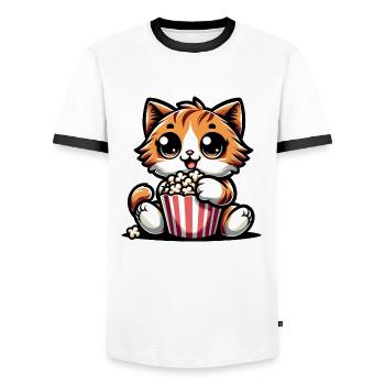 Kino Katze, Süßer Kater mit Popcorn - Männer Kontrast-T-Shirt - Weiß/Schwarz - Vorne - AI Model Female 172 light (172cm) & AI Model Male 178 dark (178cm)