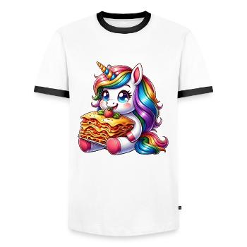 Unicorn enjoys Italian lasagna - Men's Ringer Shirt - white/black - Front - AI Model Female 172 light (172cm) & AI Model Male 178 dark (178cm)
