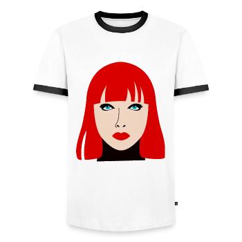 Femme rousse aux yeux bleus - T-shirt contrasté Homme - blanc/noir - Devant - AI Model Female 172 light (172cm) & AI Model Male 178 dark (178cm)