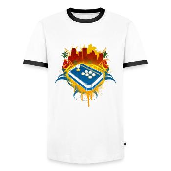 Arcade City Gamer - Men's Ringer Shirt - white/black - Front - AI Model Female 172 light (172cm) & AI Model Male 178 dark (178cm)