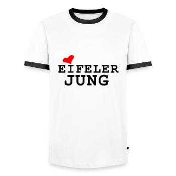 Eifeler Jung T-Shirts - Design | Eifeler Orginal - Männer Kontrast-T-Shirt - Weiß/Schwarz - Vorne - AI Model Female 172 light (172cm) & AI Model Male 178 dark (178cm)
