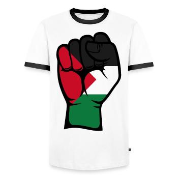 Palestine Flag Fist Symbol - Men's Ringer Shirt - white/black - Front - AI Model Female 172 light (172cm) & AI Model Male 178 dark (178cm)