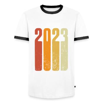 Year 2023 Retro - Men's Ringer Shirt - white/black - Front - AI Model Female 172 light (172cm) & AI Model Male 178 dark (178cm)
