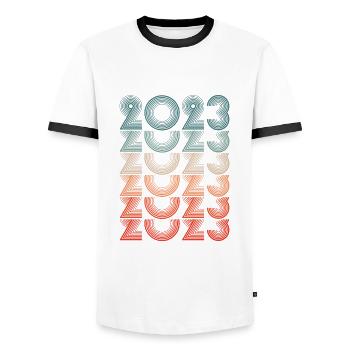 Millésime 2023 - T-shirt contrasté Homme - blanc/noir - Devant - AI Model Female 172 light (172cm) & AI Model Male 178 dark (178cm)