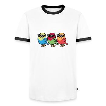 Three white birds with sunglasses - Men's Ringer Shirt - white/black - Front - AI Model Female 172 light (172cm) & AI Model Male 178 dark (178cm)