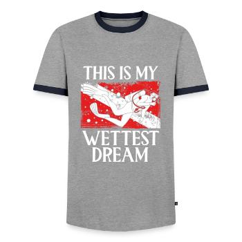 This is my wettest dream - Men's Ringer Shirt - grey/navy  - Front - AI Model Female 172 light (172cm) & AI Model Male 178 light (178cm)