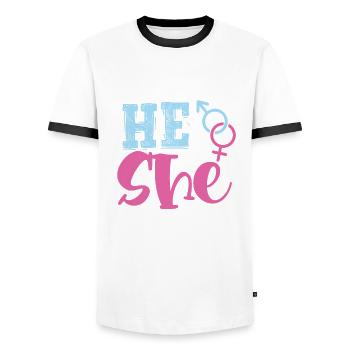 He or she, what will it be? - Men's Ringer Shirt - white/black - Front - AI Model Female 172 light (172cm) & AI Model Male 178 dark (178cm)