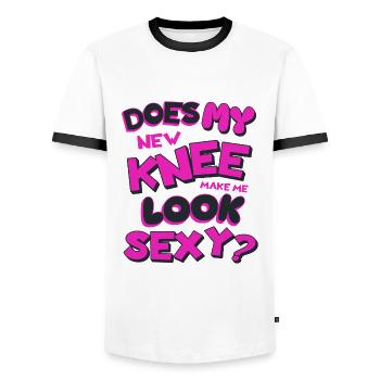 Does My New Knee Make Me Look Sexy Knee Surgery - Men's Ringer Shirt - white/black - Front - AI Model Female 172 light (172cm) & AI Model Male 178 dark (178cm)