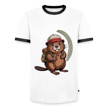 Funny beaver with hiking poles and backpack - Men's Ringer Shirt - white/black - Front - AI Model Female 172 light (172cm) & AI Model Male 178 dark (178cm)