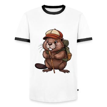 Funny beaver with hiking poles and backpack - Men's Ringer Shirt - white/black - Front - AI Model Female 172 light (172cm) & AI Model Male 178 dark (178cm)