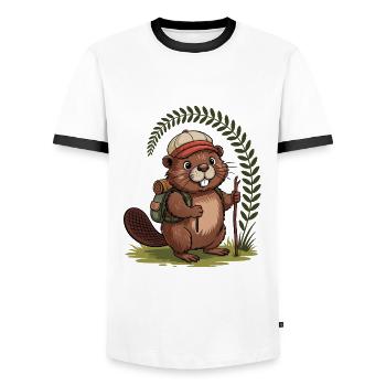 Funny beaver with hiking poles and backpack - Men's Ringer Shirt - white/black - Front - AI Model Female 172 light (172cm) & AI Model Male 178 dark (178cm)