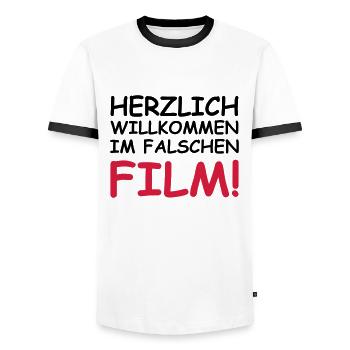 Herzlich willkommen im falschen Film! - Männer Kontrast-T-Shirt - Weiß/Schwarz - Vorne - AI Model Female 172 light (172cm) & AI Model Male 178 dark (178cm)