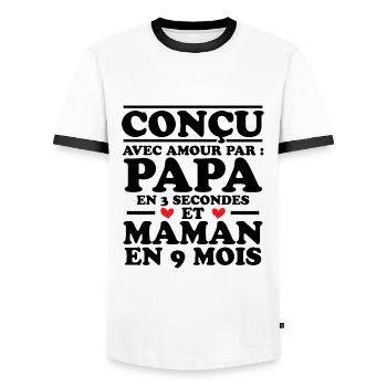 Conçu avec amour par papa et maman en 9 mois - T-shirt contrasté Homme - blanc/noir - Devant - AI Model Female 172 light (172cm) & AI Model Male 178 dark (178cm)